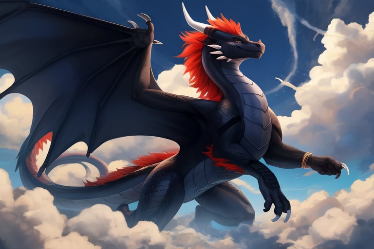 A majestic snake-like dragon with sharp claws soars through a turbulent sky, her metallic red and black scales shimmering as she weaves between the clouds.