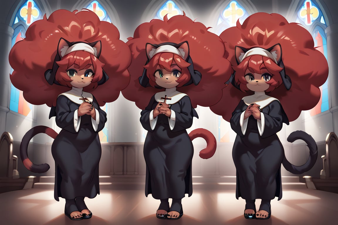 Child, girl, cat tail, cat ears, reddish black fur, huge afro, red hair, black fingernails, black toenails, habit, church, fullbody, fur skin, multiple views,score_9,ssource_furry,furry,anthro