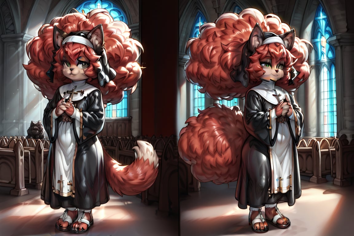 Child, girl, cat tail, cat ears, reddish black fur, huge afro, red hair,black fingernails,black toenails,habit,church, fullbody,fur skin,views,score_9,ssource_furry,furry,anthro,detailed fur,body fur,tuft,fluffy