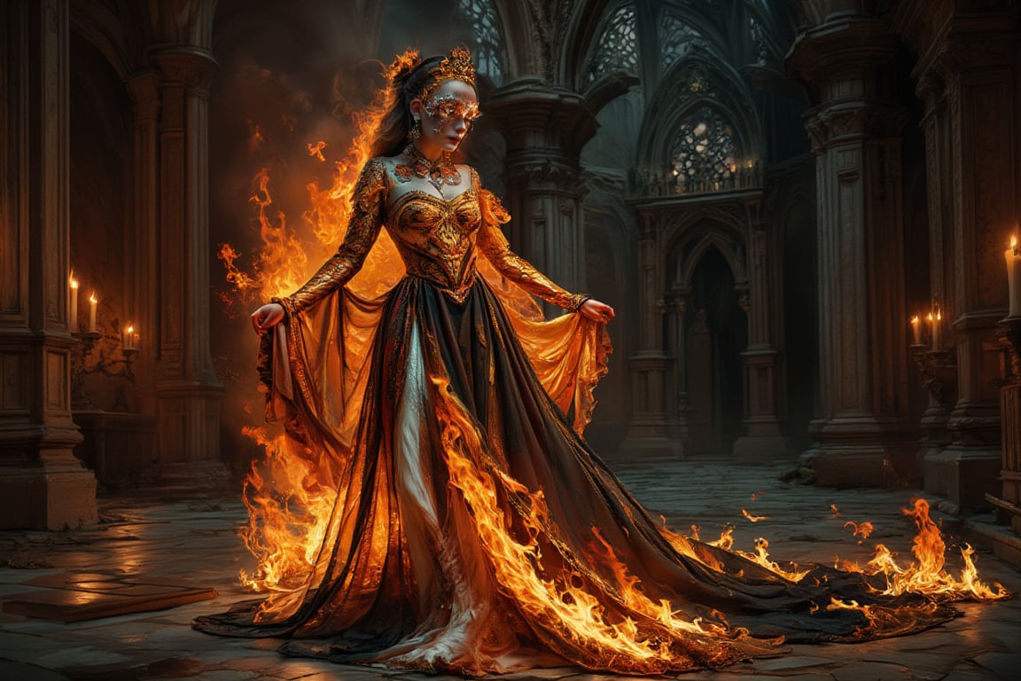 **The Flame's Embrace:** Imagine a gothic-inspired ritual where a girl composed of flames performs a dance in an old, gothic chapel. Her fiery dress and intricate, dark patterns create an enchanting contrast against the dim, candlelit surroundings.,Details,Skin texture,Details,Skin texture,Details,Skin texture,Details,Skin texture,Details,Skin texture,Details,Skin texture 