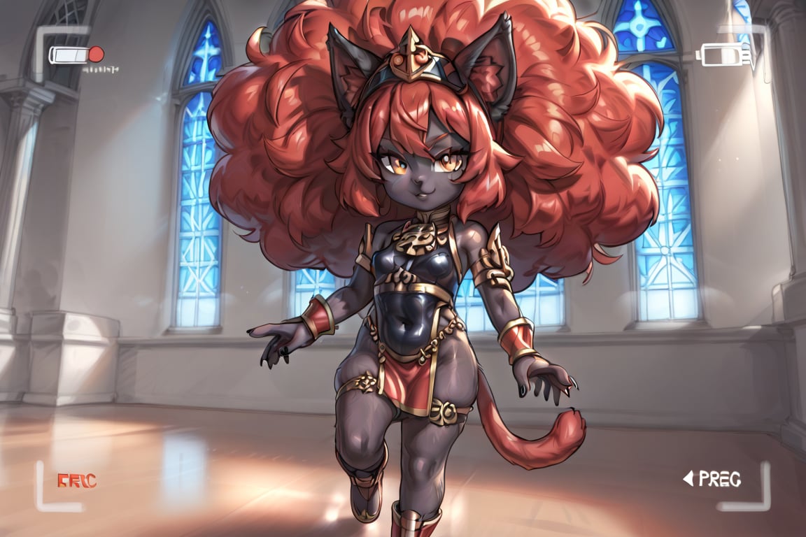 A full-body illustration of a young girl with cat ears and a long, bushy cat tail, featuring reddish-black fur. She has a large, vibrant afro styled in red hair, complemented by black fingernails and black toenails. The girl is dressed in a unique habit suitable for church, showcasing intricate details. The artwork should present viewfinder to highlight her playful demeanor and the texture of her fur skin, capturing both her feline traits and youthful charm