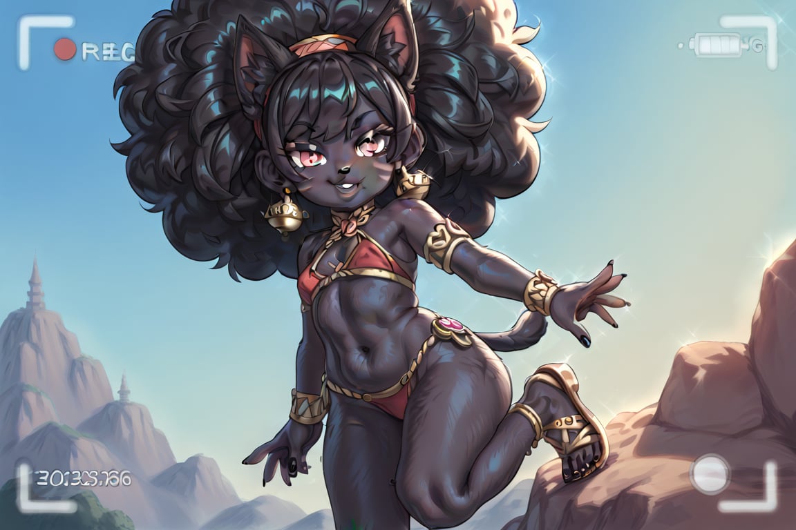 A young girl with striking cat ears and long, bushy tail, sporting reddish-black fur, proudly displays her vibrant red afro hairstyle, complemented by bold black fingernails and toenails. In a unique habit adorned with intricate details, she strikes a playful pose, inviting the viewer into her whimsical world. The artwork frames her from viewfinder perspective, emphasizing the texture of her fur skin and capturing both her feline charm and youthful exuberance.