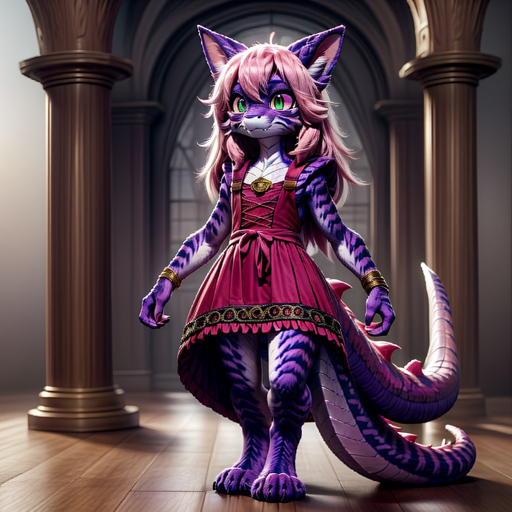 ((((full body)))), A majestic loli dragon neko stands before us. Her dark-scaled skin glistens in the soft, warm light, as if infused with an inner glow. Feline features are prominent - cat ears perked up and a long, fluffy tail extending from her posterior. A Lolita dress of mixed red, pink, and black patterns wraps around her slender form, creating a striking contrast against her dark scales. The overall composition is framed by a subtle gradient of blues and purples in the background, subtly evoking a sense of mystique and wonder.,green reptile hands,Monster girl,Dragon girl,furry,furry female,body fur,animal ear fluff,animal ears,fang