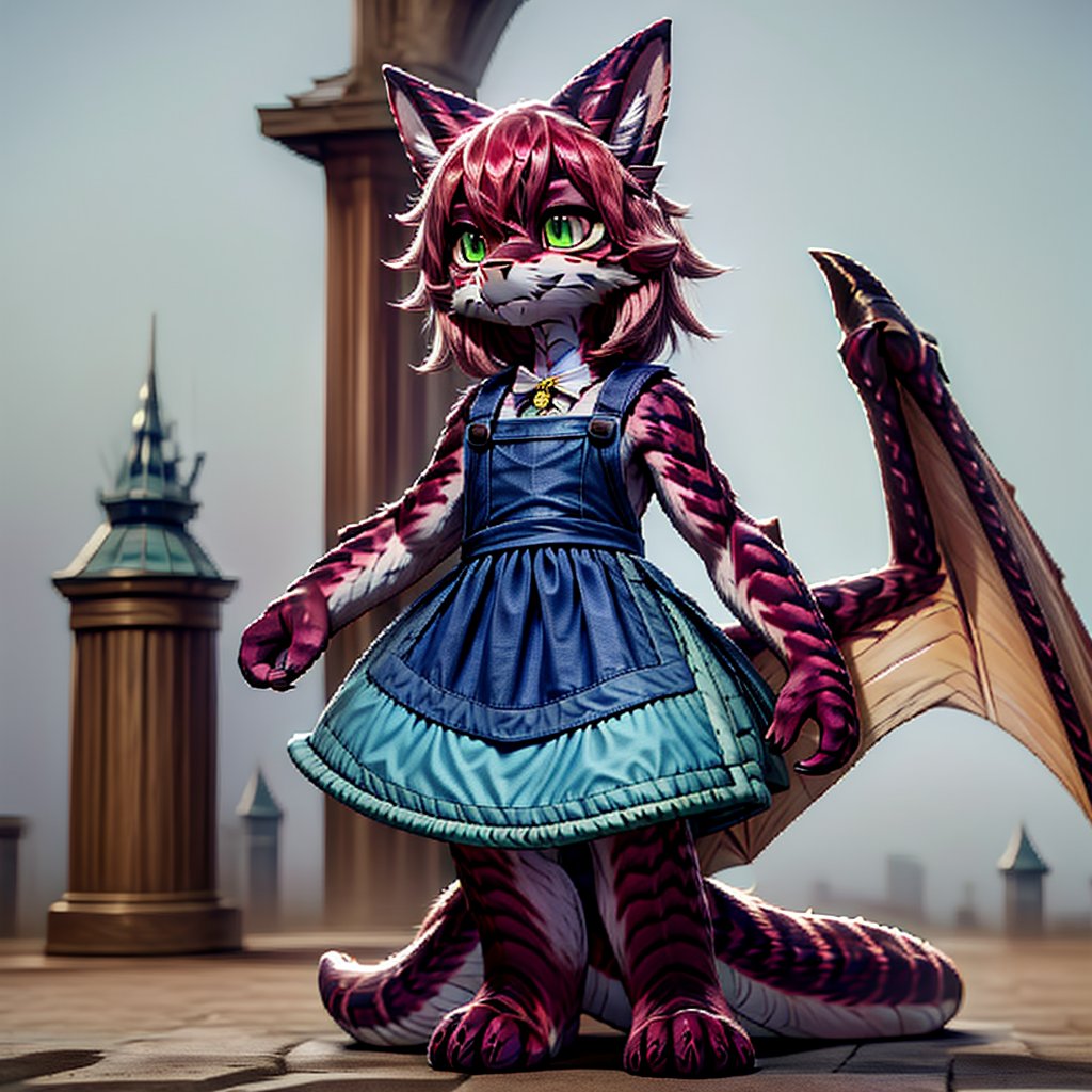 ((((full body)))), A majestic loli dragon neko stands before us. Her dark-scaled skin glistens in the soft, warm light, as if infused with an inner glow. Feline features are prominent - cat ears perked up and a long, fluffy tail extending from her posterior. A Lolita dress of mixed red, pink, and black patterns wraps around her slender form, creating a striking contrast against her dark scales. The overall composition is framed by a subtle gradient of blues and purples in the background, subtly evoking a sense of mystique and wonder.,green reptile hands,Monster girl,Dragon girl,furry,furry female,body fur,animal ear fluff,animal ears,fang