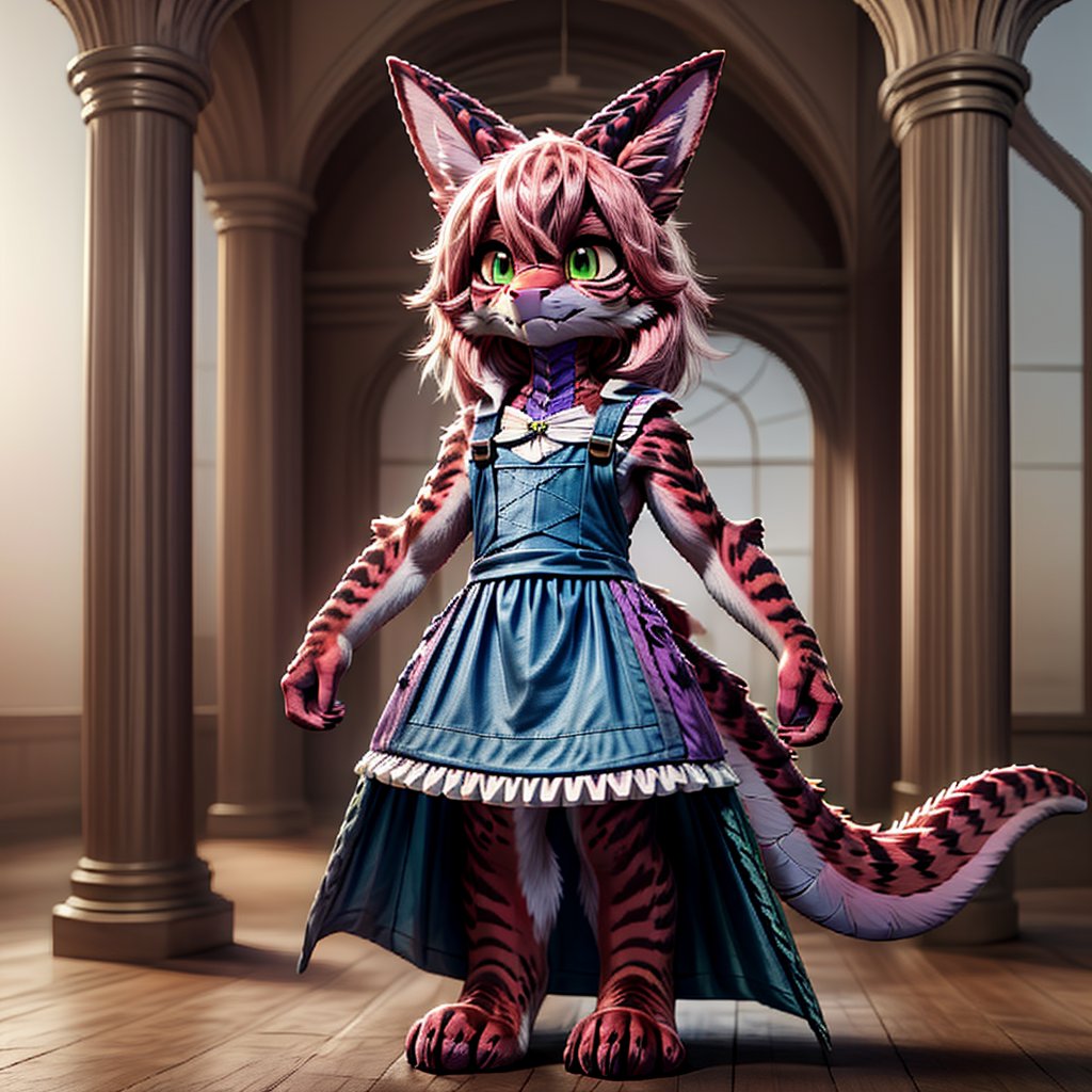 ((((full body)))), A majestic loli dragon neko stands before us. Her dark-scaled skin glistens in the soft, warm light, as if infused with an inner glow. Feline features are prominent - cat ears perked up and a long, fluffy tail extending from her posterior. A Lolita dress of mixed red, pink, and black patterns wraps around her slender form, creating a striking contrast against her dark scales. The overall composition is framed by a subtle gradient of blues and purples in the background, subtly evoking a sense of mystique and wonder.,green reptile hands,Monster girl,Dragon girl,furry,furry female,body fur,animal ear fluff,animal ears,fang