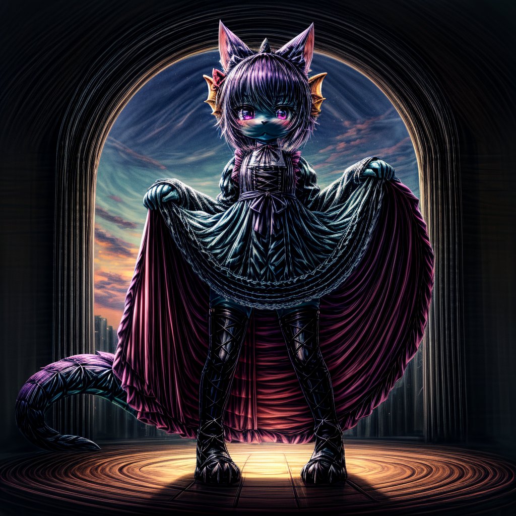 ((((full body)))), A majestic loli dragon neko stands before us. Her dark-scaled skin glistens in the soft, warm light, as if infused with an inner glow. Feline features are prominent - cat ears perked up and a long, fluffy tail extending from her posterior. A Lolita dress of mixed red, pink, and black patterns wraps around her slender form, creating a striking contrast against her dark scales. The overall composition is framed by a subtle gradient of blues and purples in the background, subtly evoking a sense of mystique and wonder.,green reptile hands,Monster girl,Dragon girl