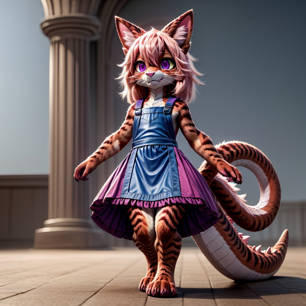 ((((full body)))), A majestic loli dragon neko stands before us. Her dark-scaled skin glistens in the soft, warm light, as if infused with an inner glow. Feline features are prominent - cat ears perked up and a long, fluffy tail extending from her posterior. A Lolita dress of mixed red, pink, and black patterns wraps around her slender form, creating a striking contrast against her dark scales. The overall composition is framed by a subtle gradient of blues and purples in the background, subtly evoking a sense of mystique and wonder.,green reptile hands,Monster girl,Dragon girl,furry,furry female,body fur,animal ear fluff,animal ears,fang