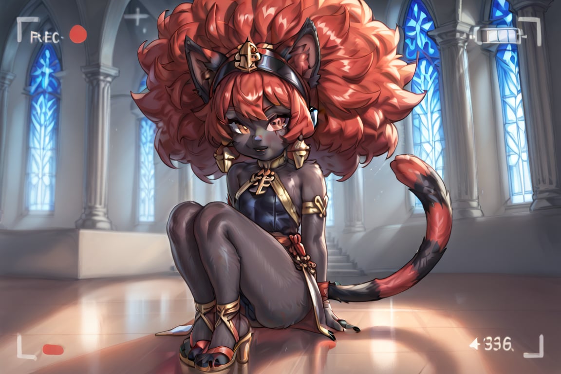 A full-body illustration of a young girl with cat ears and a long, bushy cat tail, featuring reddish-black fur. She has a large, vibrant afro styled in red hair, complemented by black fingernails and black toenails. The girl is dressed in a unique habit suitable for church, showcasing intricate details. The artwork should present viewfinder to highlight her playful demeanor and the texture of her fur skin, capturing both her feline traits and youthful charm