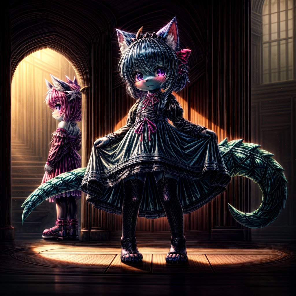 ((((full body)))), A majestic loli dragon neko stands before us. Her dark-scaled skin glistens in the soft, warm light, as if infused with an inner glow. Feline features are prominent - cat ears perked up and a long, fluffy tail extending from her posterior. A Lolita dress of mixed red, pink, and black patterns wraps around her slender form, creating a striking contrast against her dark scales. The overall composition is framed by a subtle gradient of blues and purples in the background, subtly evoking a sense of mystique and wonder.,green reptile hands,Monster girl,Dragon girl