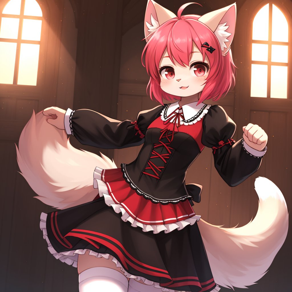 A majestic loli dragon neko stands proudly, her dark-scaled skin glistening in the warm light. Feline features are showcased through her striking cat ears and long, fluffy tail that unfurls from behind her. A vibrant lolita dress adorns her figure, featuring a swirling mix of red, pink, and black patterns that seem to dance across her form as she poses confidently.