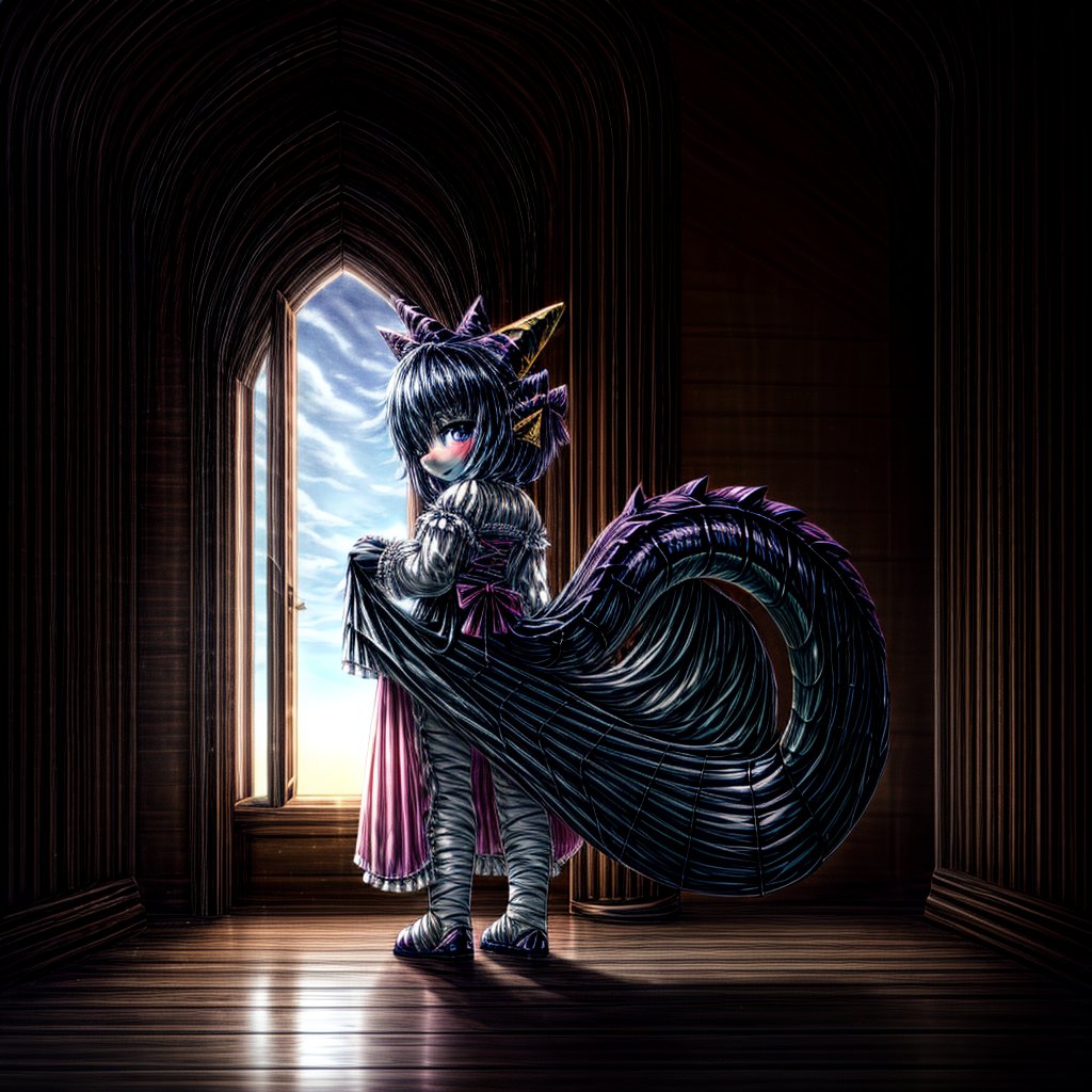 ((((full body)))), A majestic loli dragon neko stands before us. Her dark-scaled skin glistens in the soft, warm light, as if infused with an inner glow. Feline features are prominent - cat ears perked up and a long, fluffy tail extending from her posterior. A Lolita dress of mixed red, pink, and black patterns wraps around her slender form, creating a striking contrast against her dark scales. The overall composition is framed by a subtle gradient of blues and purples in the background, subtly evoking a sense of mystique and wonder.,green reptile hands,Monster girl,Dragon girl