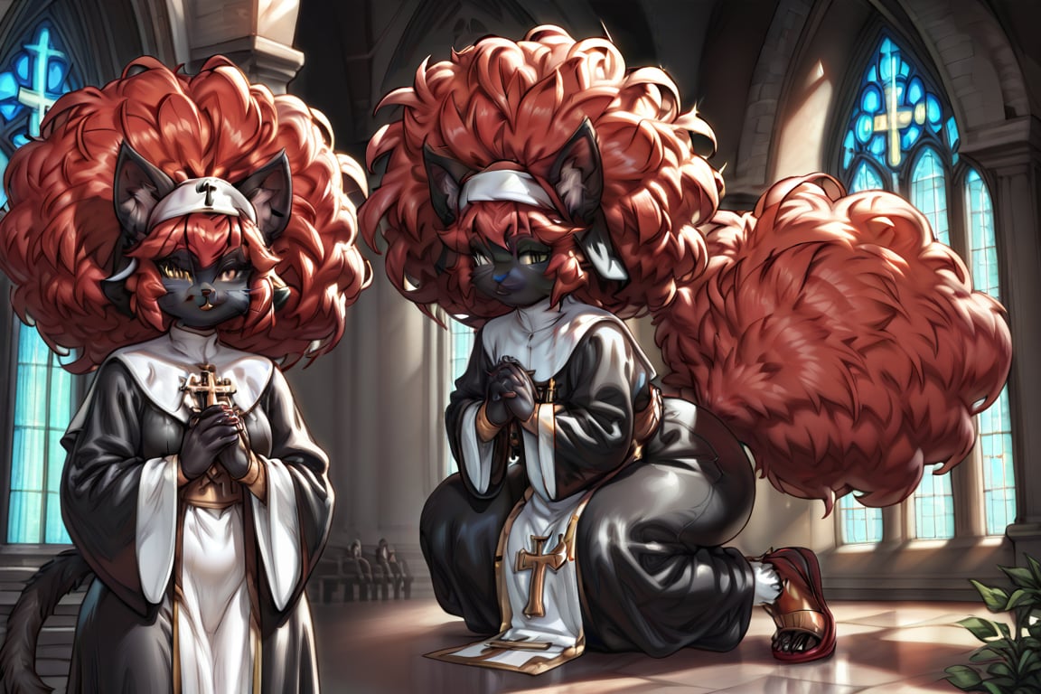 Child, girl, cat tail, cat ears, reddish black fur, huge afro, red hair, black fingernails, black toenails, habit, church, fullbody, fur skin, multiple views,score_9,ssource_furry,furry,anthro,detailed fur,body fur,tuft,fluffy