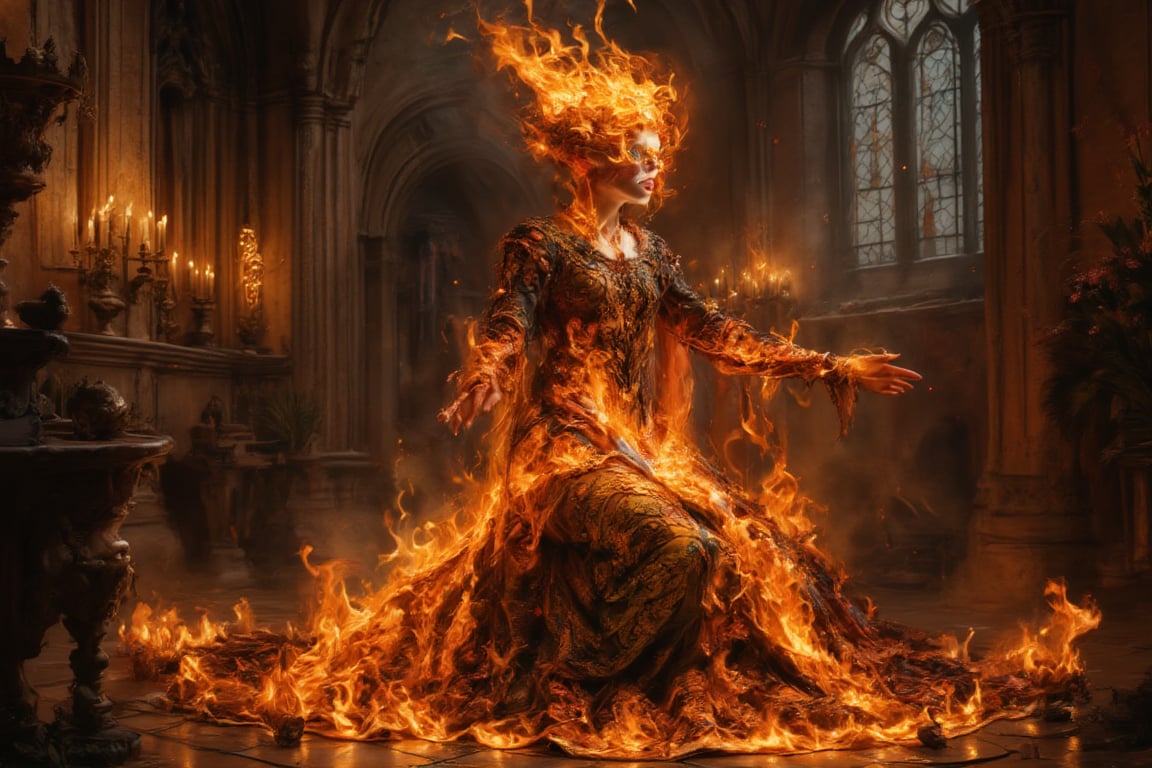 **The Flame's Embrace:** Imagine a gothic-inspired ritual where a girl composed of flames performs a dance in an old, gothic chapel. Her fiery dress and intricate, dark patterns create an enchanting contrast against the dim, candlelit surroundings.,Details,Skin texture,Details,Skin texture,Details,Skin texture,Details,Skin texture,Details,Skin texture 