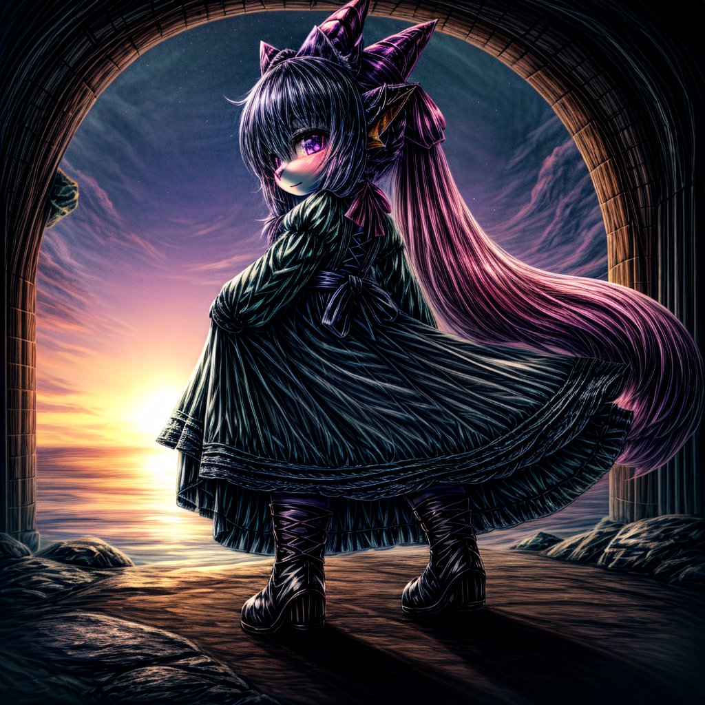 ((((full body)))), A majestic loli dragon neko stands before us. Her dark-scaled skin glistens in the soft, warm light, as if infused with an inner glow. Feline features are prominent - cat ears perked up and a long, fluffy tail extending from her posterior. A Lolita dress of mixed red, pink, and black patterns wraps around her slender form, creating a striking contrast against her dark scales. The overall composition is framed by a subtle gradient of blues and purples in the background, subtly evoking a sense of mystique and wonder.,green reptile hands,Monster girl,Dragon girl