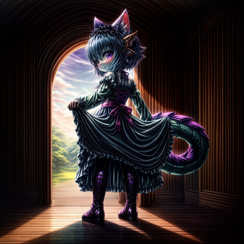 ((((full body)))), A majestic loli dragon neko stands before us. Her dark-scaled skin glistens in the soft, warm light, as if infused with an inner glow. Feline features are prominent - cat ears perked up and a long, fluffy tail extending from her posterior. A Lolita dress of mixed red, pink, and black patterns wraps around her slender form, creating a striking contrast against her dark scales. The overall composition is framed by a subtle gradient of blues and purples in the background, subtly evoking a sense of mystique and wonder.,green reptile hands,Monster girl,Dragon girl