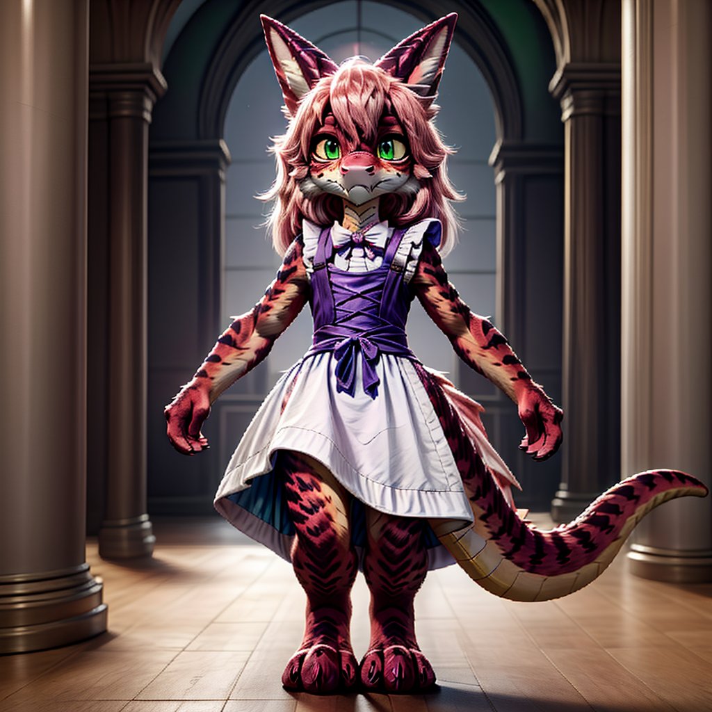 ((((full body)))), A majestic loli dragon neko stands before us. Her dark-scaled skin glistens in the soft, warm light, as if infused with an inner glow. Feline features are prominent - cat ears perked up and a long, fluffy tail extending from her posterior. A Lolita dress of mixed red, pink, and black patterns wraps around her slender form, creating a striking contrast against her dark scales. The overall composition is framed by a subtle gradient of blues and purples in the background, subtly evoking a sense of mystique and wonder.,green reptile hands,Monster girl,Dragon girl,furry,furry female,body fur,animal ear fluff,animal ears,fang