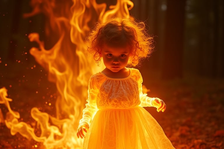 A fiery inferno engulfs the frame as a mesmerizing little girl's body is sculpted from blazing flames. Her porcelain-like skin glows with an ethereal warmth, as if kissed by the divine. Golden hues dance across her features, casting a radiant glow on the darkened surroundings. Full-body shot captures the fluid, fiery form, with tendrils of flame curling around her tiny hands and toes.