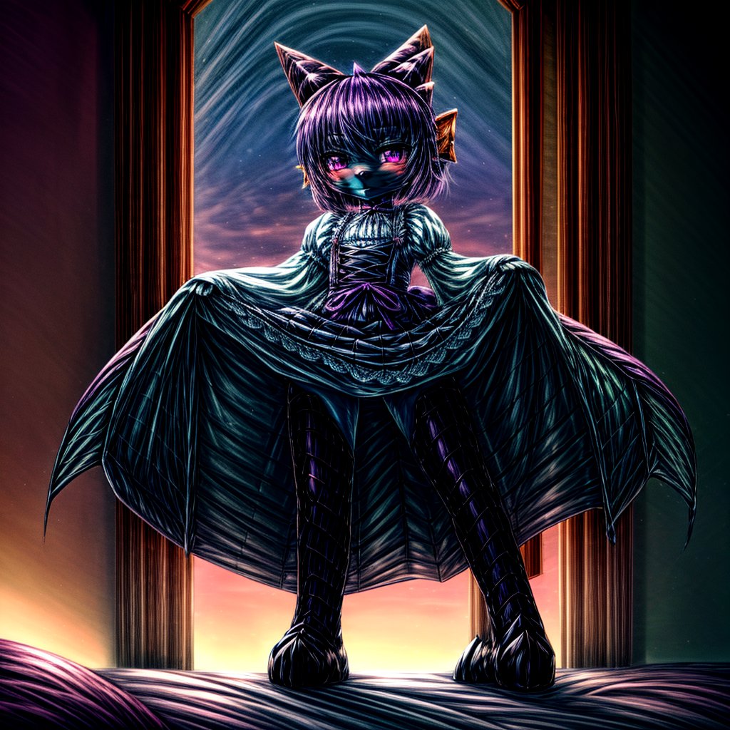 ((((full body)))), A majestic loli dragon neko stands before us. Her dark-scaled skin glistens in the soft, warm light, as if infused with an inner glow. Feline features are prominent - cat ears perked up and a long, fluffy tail extending from her posterior. A Lolita dress of mixed red, pink, and black patterns wraps around her slender form, creating a striking contrast against her dark scales. The overall composition is framed by a subtle gradient of blues and purples in the background, subtly evoking a sense of mystique and wonder.,green reptile hands,Monster girl,Dragon girl