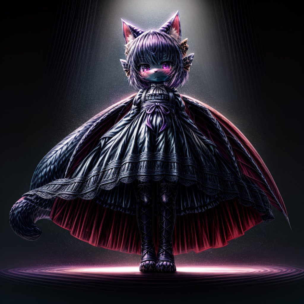 ((((full body)))), A majestic loli dragon neko stands before us. Her dark-scaled skin glistens in the soft, warm light, as if infused with an inner glow. Feline features are prominent - cat ears perked up and a long, fluffy tail extending from her posterior. A Lolita dress of mixed red, pink, and black patterns wraps around her slender form, creating a striking contrast against her dark scales. The overall composition is framed by a subtle gradient of blues and purples in the background, subtly evoking a sense of mystique and wonder.,green reptile hands,Monster girl,Dragon girl