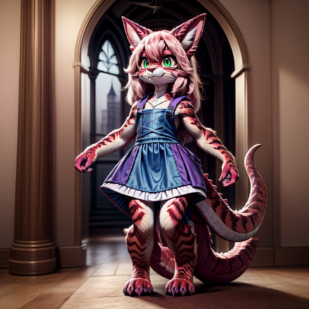 ((((full body)))), A majestic loli dragon neko stands before us. Her dark-scaled skin glistens in the soft, warm light, as if infused with an inner glow. Feline features are prominent - cat ears perked up and a long, fluffy tail extending from her posterior. A Lolita dress of mixed red, pink, and black patterns wraps around her slender form, creating a striking contrast against her dark scales. The overall composition is framed by a subtle gradient of blues and purples in the background, subtly evoking a sense of mystique and wonder.,green reptile hands,Monster girl,Dragon girl,furry,furry female,body fur,animal ear fluff,animal ears,fang