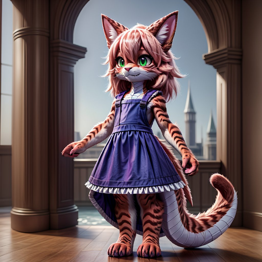 ((((full body)))), A majestic loli dragon neko stands before us. Her dark-scaled skin glistens in the soft, warm light, as if infused with an inner glow. Feline features are prominent - cat ears perked up and a long, fluffy tail extending from her posterior. A Lolita dress of mixed red, pink, and black patterns wraps around her slender form, creating a striking contrast against her dark scales. The overall composition is framed by a subtle gradient of blues and purples in the background, subtly evoking a sense of mystique and wonder.,green reptile hands,Monster girl,Dragon girl,furry,furry female,body fur,animal ear fluff,animal ears,fang