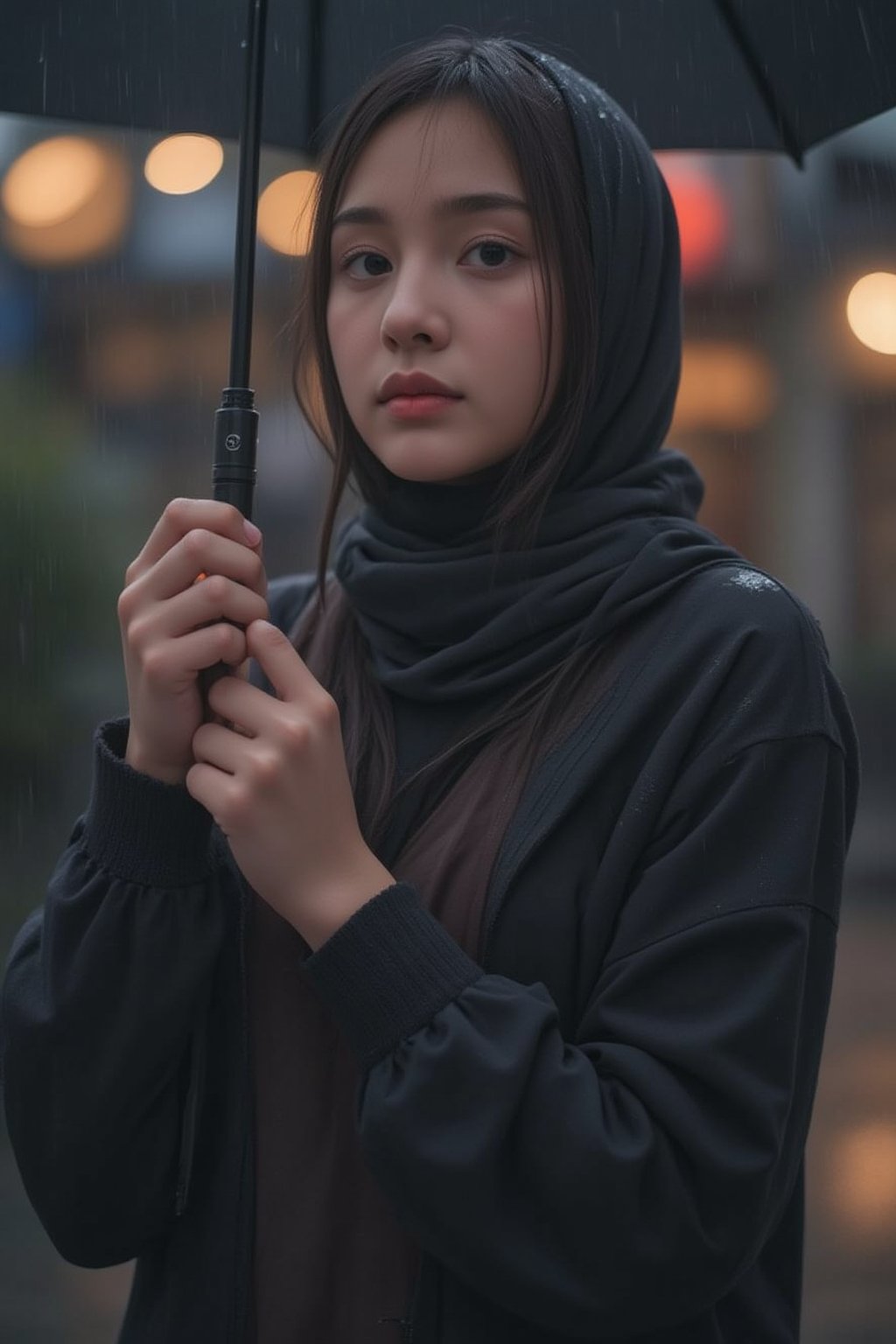 An amazing lady in a hijab, with a perfect body, dewy skin, with defined eyebrows, subtle eyeshadow, detailed eyes and lips, holding an umbrella, standing in the rain, cinematic lighting, moody dramatic atmosphere, bright colours, photorealistic, 8k, concept art, highly detailed.

