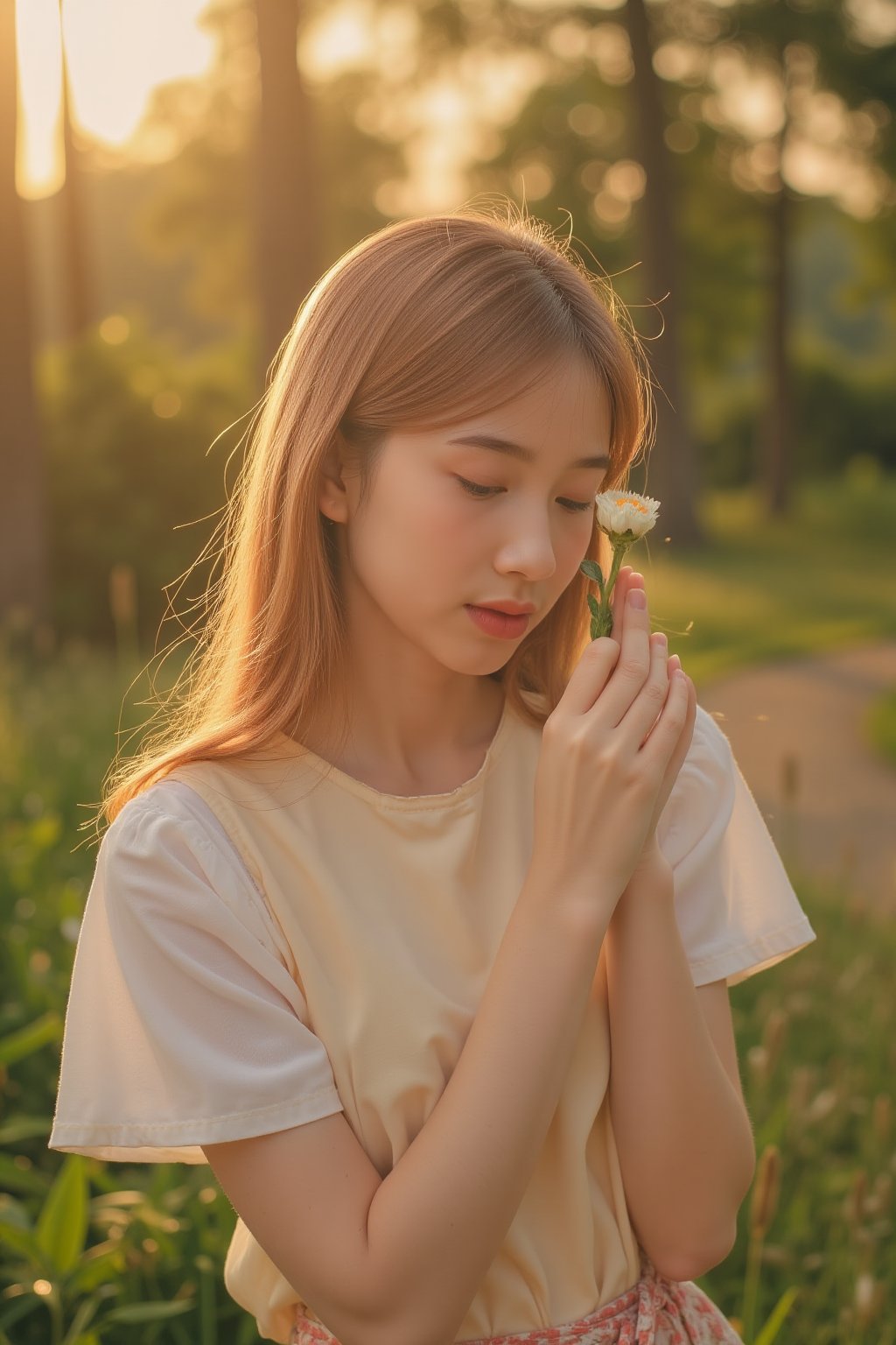 Portrait of a Caucasian beautiful girl holding the most delicate flower, blured forest background, morning sunrise, 8k
