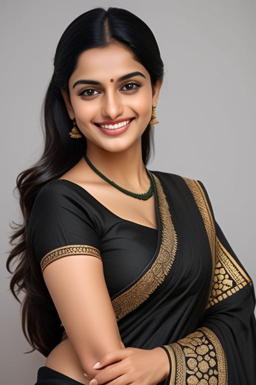 Smart and BEUTY women age between 23 and 26 with beautiful smile wearing saari black hair ultrarealistic ,Kasturi