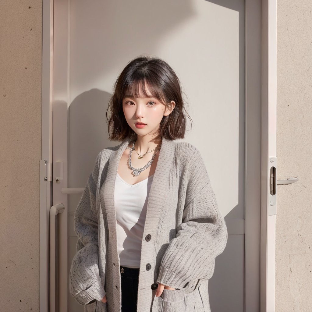 a young Asian woman stands in front of a beige building. She is dressed in a gray cardigan, a white collared button-down shirt, and a silver necklace. Her hair is styled in a short bob, with bangs, and she's wearing dark brown eyes. Her lips are painted a light pink, adding a pop of color to her face. The building behind her is a light gray, with a black door visible on the left side of the frame.