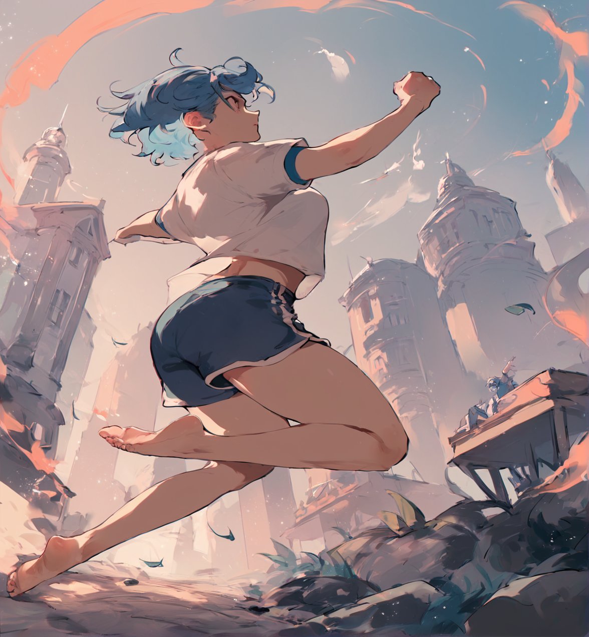 score_9_up, score_8_up, score_7_up, score_6_up, source_anime, high quality, 1girl, blue hair, short hair, shirt, short sleeve, shorts, barefeet, fighting pose, dynamic pose, city, colorful details,Nyantcha style 