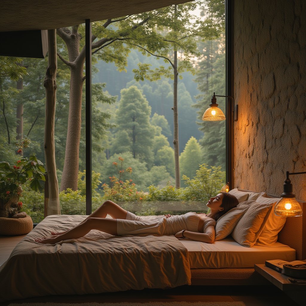 poitraiit of a beauty girl lying in bedroom, nature scene outside