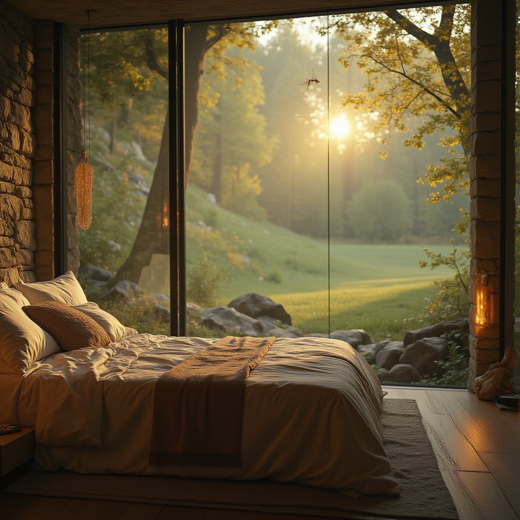 poitraiit of a beauty girl lying in bedroom, nature scene outside