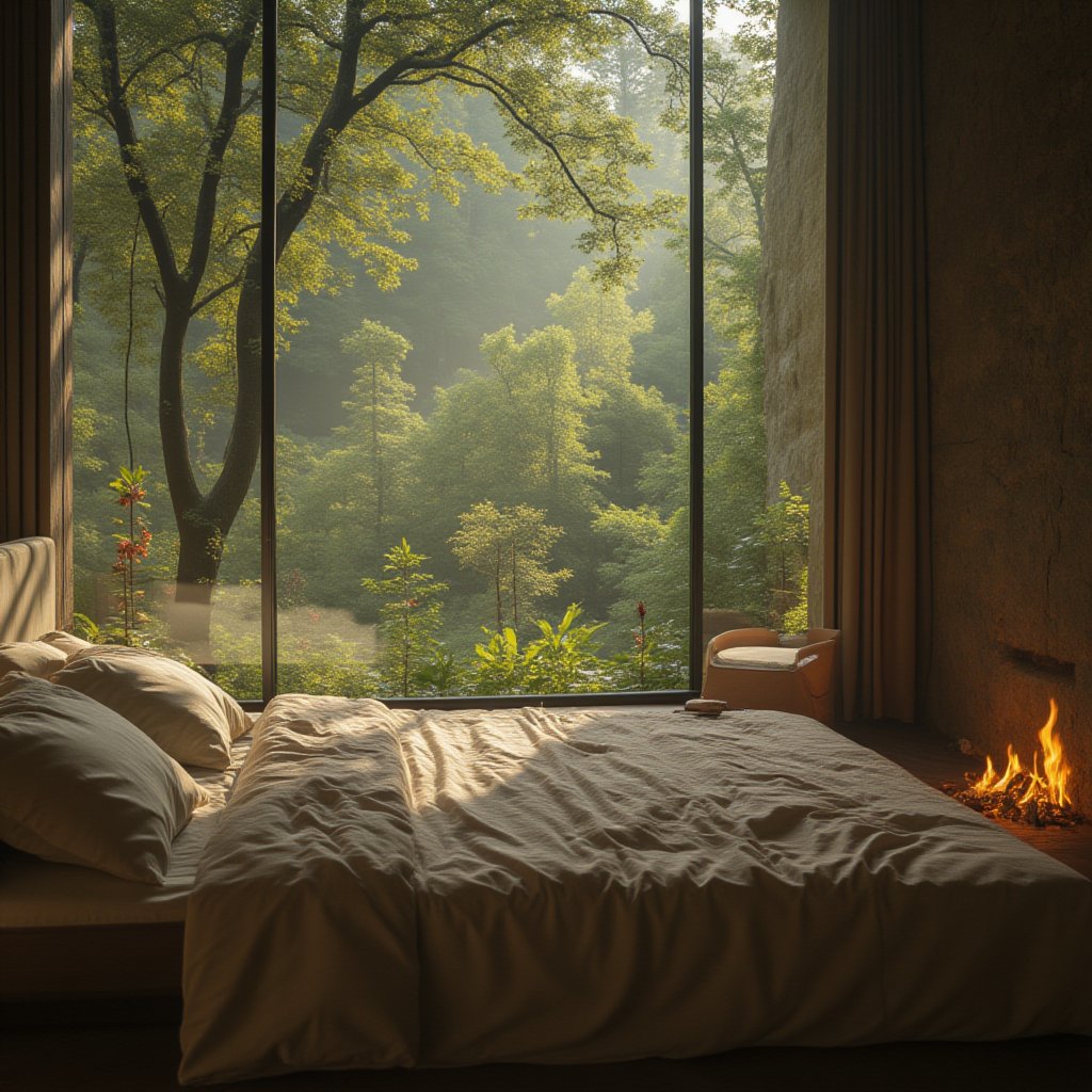 poitraiit of a beauty girl lying in bedroom, nature scene outside