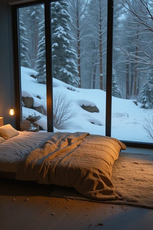 1 beauty girl lying in bedroom, snow scene outside