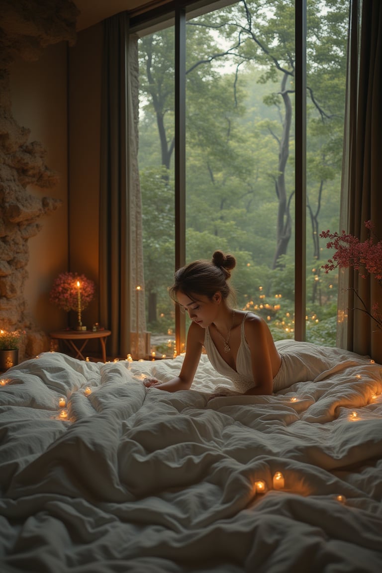 1 beauty girl lying in bedroom, fantasy scene outside