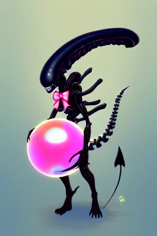 zhibi,Xenomorph, smoll cute xenomorph, holding gigantic colorful ball, pink bow around neck