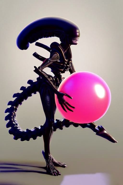 zhibi,Xenomorph, smoll cute xenomorph, holding gigantic colorful ball, pink bow around neck