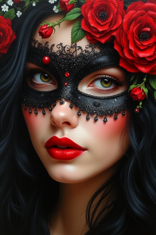 Oil Painting close-up potret face of beautiful woman,perfect beautiful oval face,green eyes,pionted nose,charming lips,black long flowing hair,wearing a black in red roses intricated face mask,decorated by red roses and little white flowers,