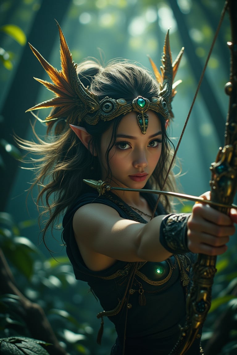 In a cinematic close-up, the camera captures the majestic elf archer from a low-angle shot, surrounded by the lush, vibrant foliage of a dark and mystical tropical jungle. The subject's face is rendered in exquisite detail, with a beauty that borders on perfection. Her eyes gleam like polished gemstones as she holds her majestic crystal bow, adorned with intricate glasswork and glowing with an ethereal light. In the background, the jungle's secrets unfold with crisp textures, sharp focus, and crystal-clear clarity, immersing the viewer in a world of fantasy and wonder.