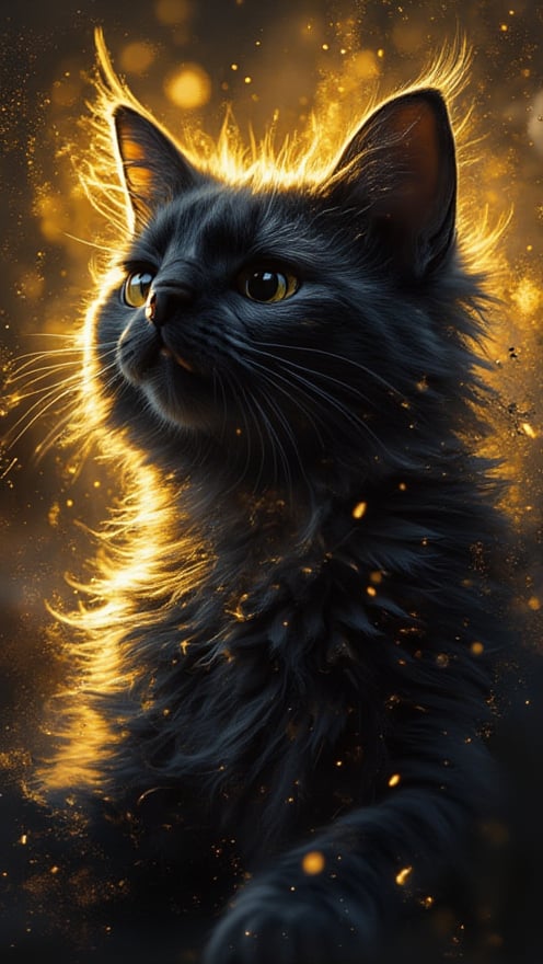 Double Exposure,Abstract art transforming into blackcat and calicos,colour of black,yellow lighting all arround showing the beauty and serenity of the outcome.Cinematic.