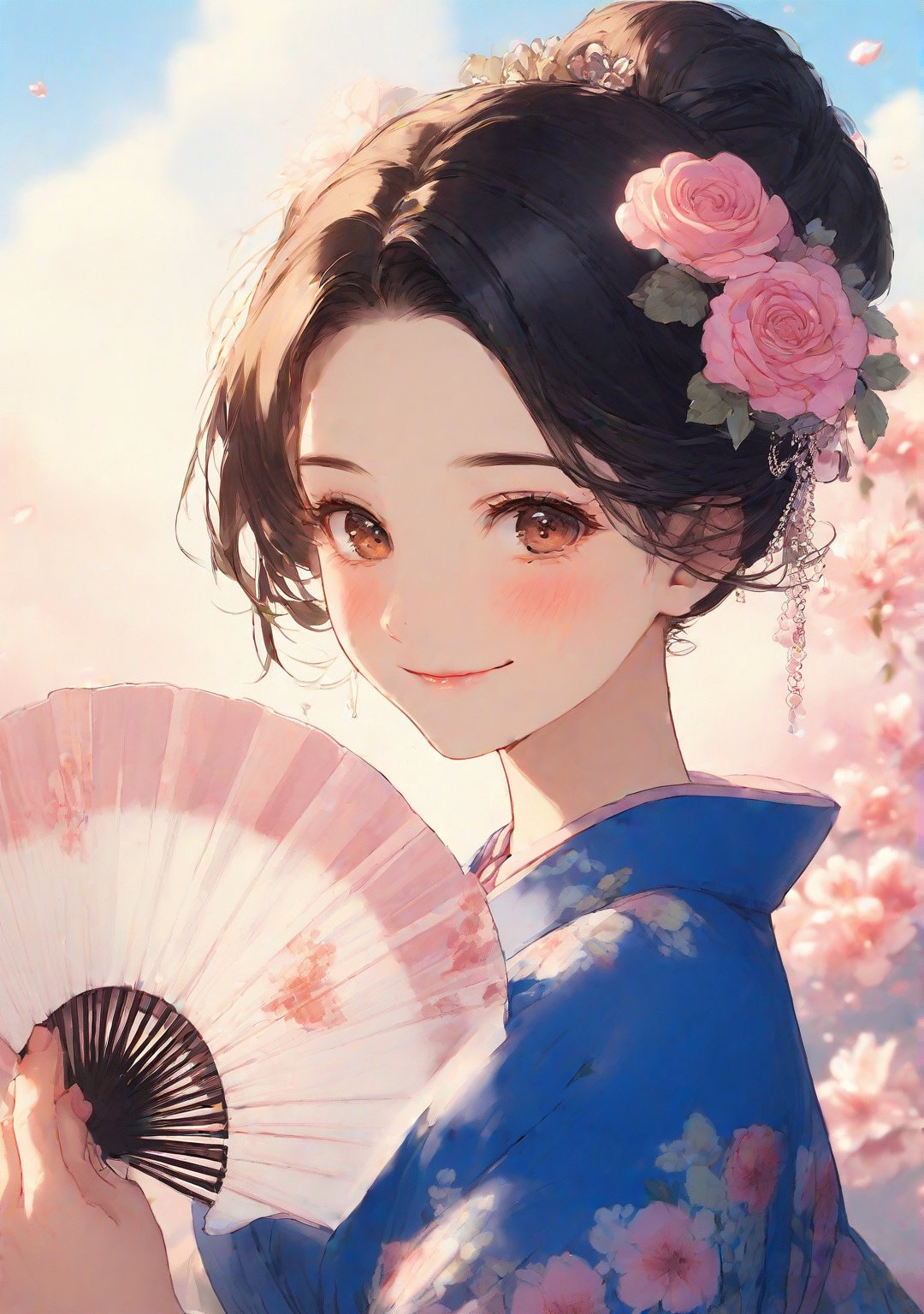 Anime art style of A beautiful japanese young woman,oval face,hazelnut eyes,pointed nose,charm lips and smile,black bun japanese hair style decorated by cherry blossom hair pin and flowers,wearing blue kimodo intricated with pink roses flowers,she rise her hand holding a japanese fan ,sorrounding at the flowers garden,sunrise and clear day.