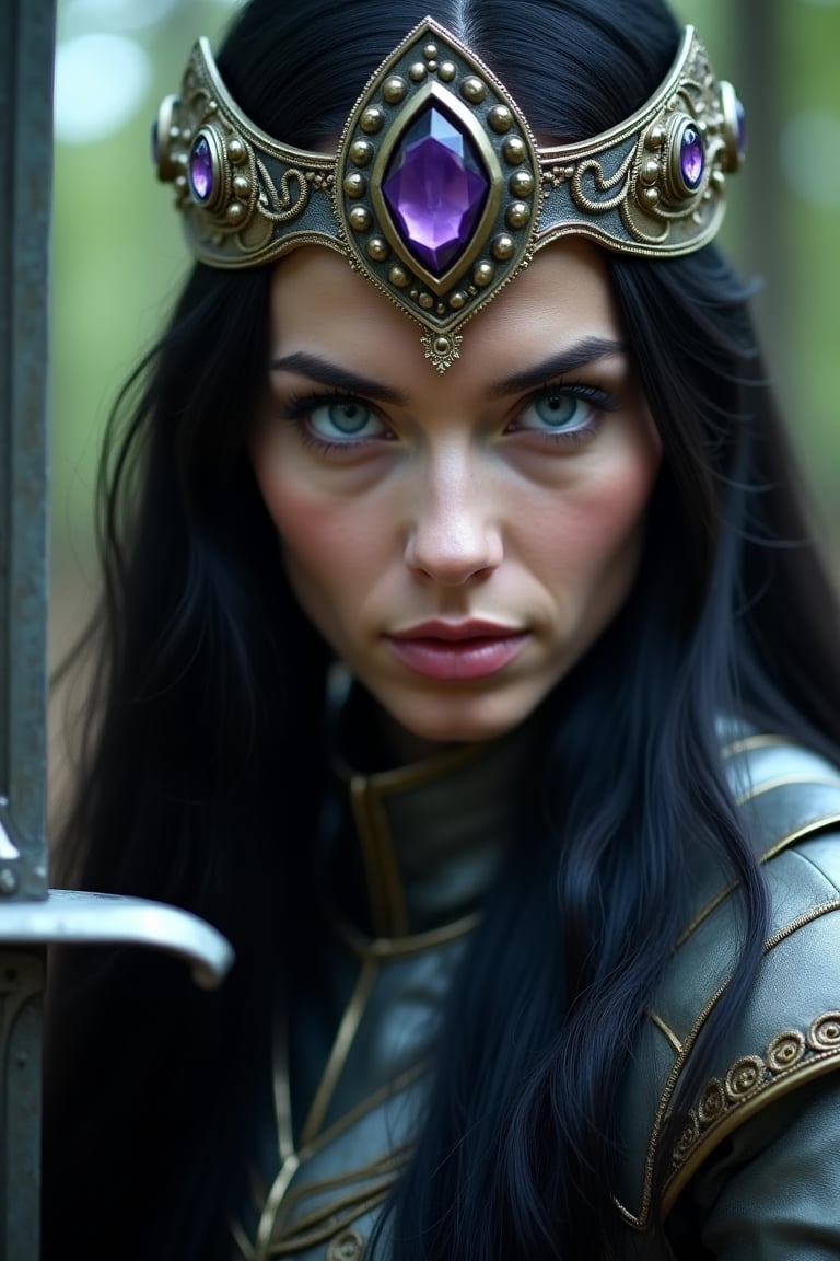 Close-up potrait,cinematic of Queen sword fighter,long silky black hair,blue eyes,perfect eyes brow,pointed nose,charming face and lips,wearing The Queen sword fighter crown with purple diamon,wearing amour sword suit,sharp looking eyes,in action,and her hand rise-up holding her sword weapon,sorrounding at forest with mystery land,