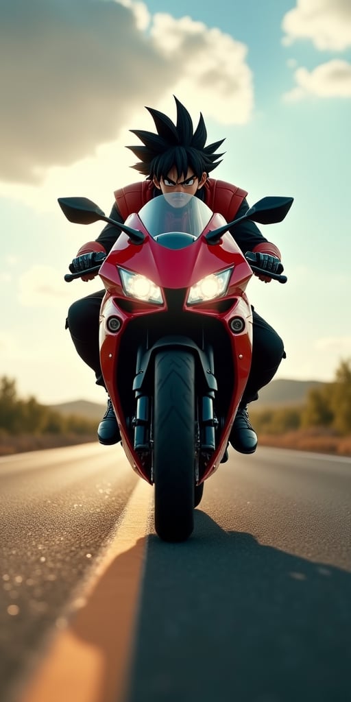 Full-lenght image of Son Goku on a powerful black red shiny perfomance Kawasaki motorcycle on a long and stretched road,3D CGI,realistic fantasy,with romace novel realistic art.cinematic.
