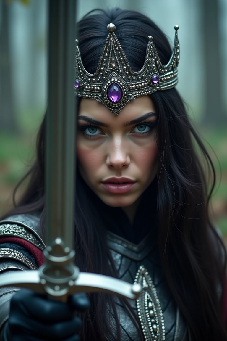 Close-up potrait,cinematic of Queen sword fighter,long silky black hair,blue eyes,perfect eyes brow,pointed nose,charming face and lips,wearing The Queen sword fighter crown with purple diamon,wearing amour sword suit,sharp looking eyes,in action,and her hand rise-up holding her sword weapon,sorrounding at forest with mystery land,