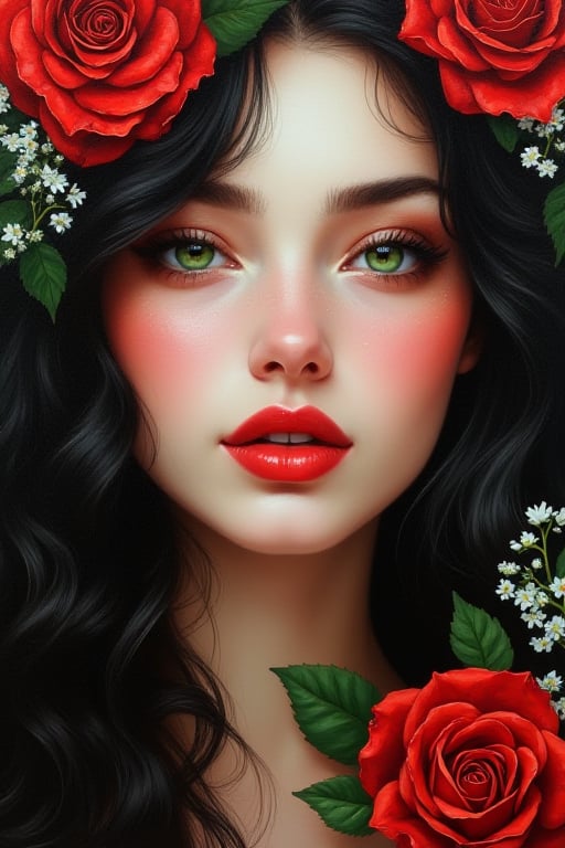 Oil Painting close-up potret face of beautiful woman,perfect beautiful oval face,green eyes,pionted nose,charming lips,black long flowing hair,decorated by red roses and little white flowers,