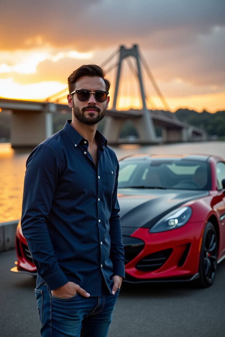 The hansome man with oval face,ponted nose,hazelnut eyes,black head shoulder-lenght hair,wearring a sun glasses,wearring a blue shirt with blue jeans,full boddy potret,standing near to the black and red sport car,at the side of bridge river.sunset and moody cloud atmosphere,