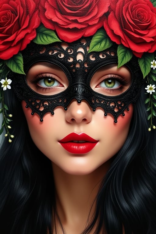 Oil Painting close-up potret face of beautiful woman,perfect beautiful oval face,green eyes,pionted nose,charming lips,black long flowing hair,wearing a black in red roses intricated face mask,decorated by red roses and little white flowers,