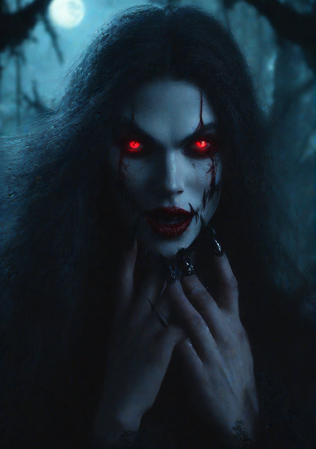 Hyper-realistic and hyper-detailed close-up potret of woman vampire with a long lush hair,red eyes,scary face,showing her fangs,long nail,night and moonlith also bat in the dark forest with old castle palace atsmosphere,