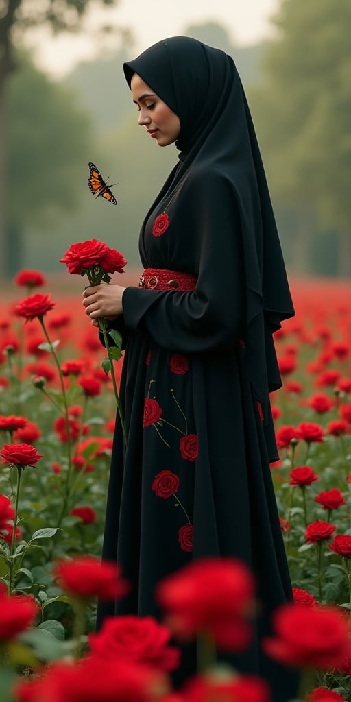 Full-lenght image of a beautiful lady wearing a black hijjab partern with red roses flowers,wearing long black Abaya with red roses belt,holding a red roses flower in her hand,standing at the flowers garden,with a beautiful bird and buterflies.cinematic.
