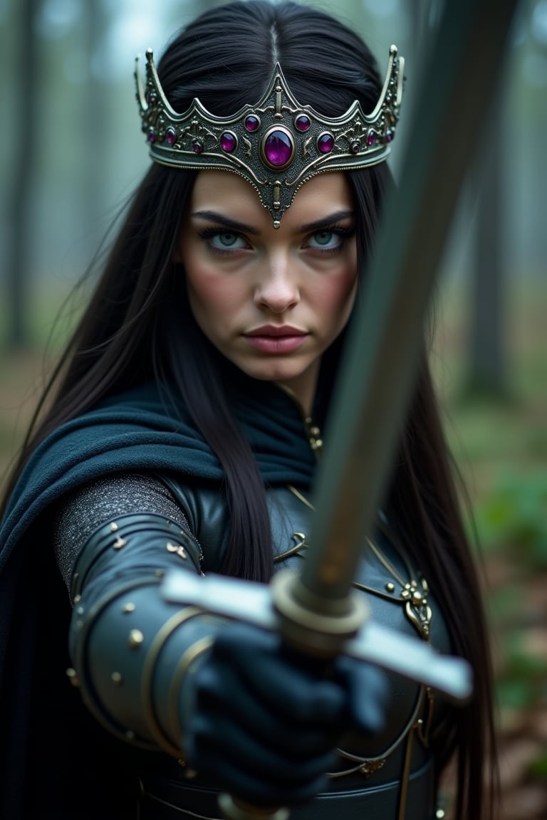 Potrait,cinematic Low-angle of Queen sword fighter,long silky black hair,blue eyes,perfect eyes brow,pointed nose,charming face and lips,wearing The Queen sword fighter crown with purple diamon,wearing amour sword suit,sharp looking eyes,in action,and her hand rise-up holding her sword weapon,sorrounding at forest with mystery land,